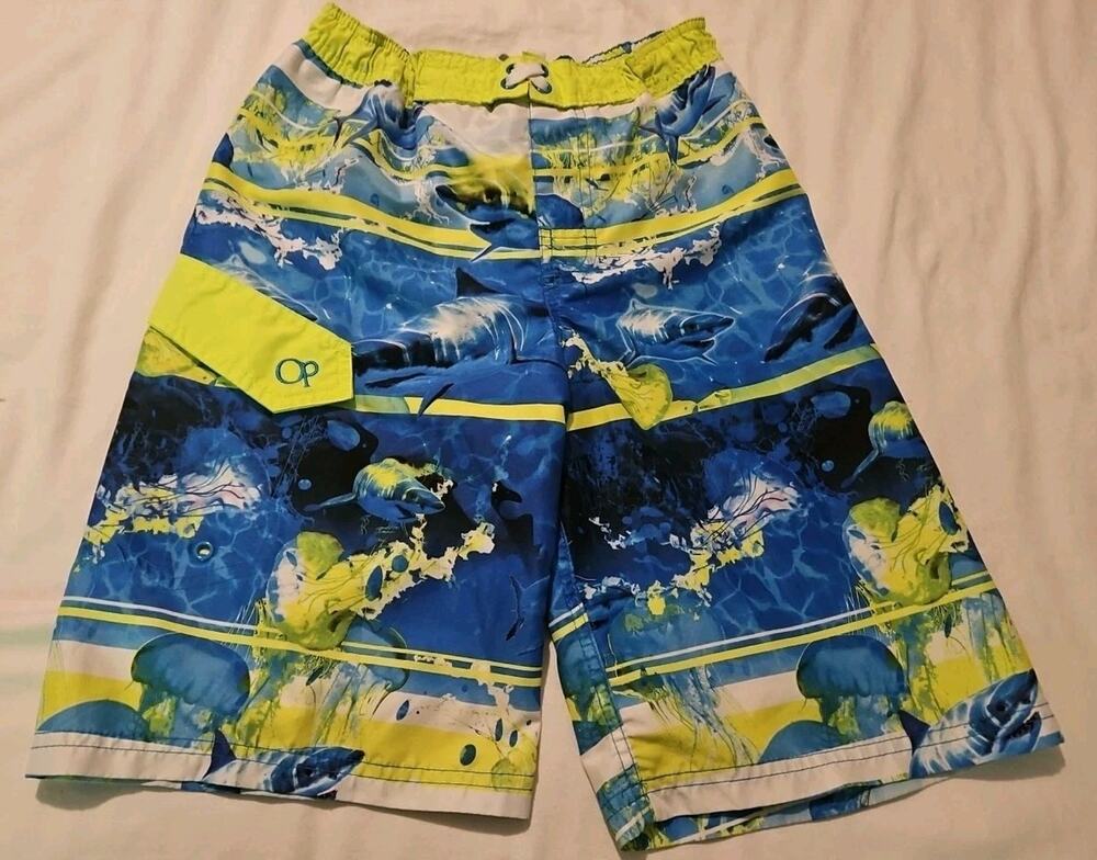 Op Swim Trunks Boys Size L 10-12 Blue Neon Yellow Sharks Jelly Lined